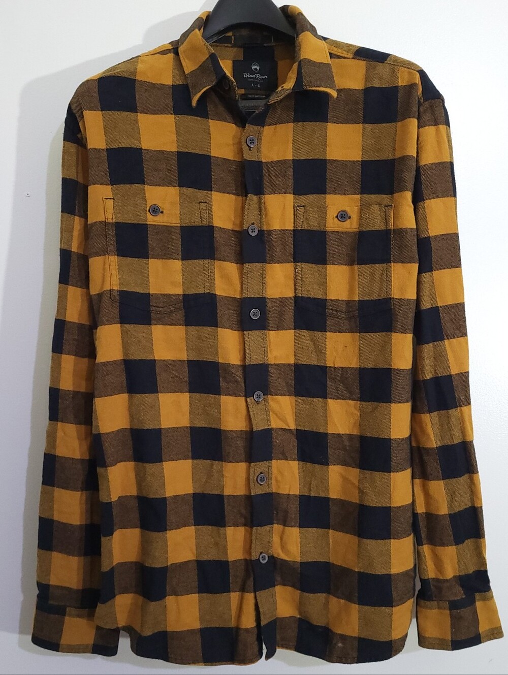 Wind River Classic Fit Mustard Yellow & Black Plaid Stretch Flannel Shirt Size L